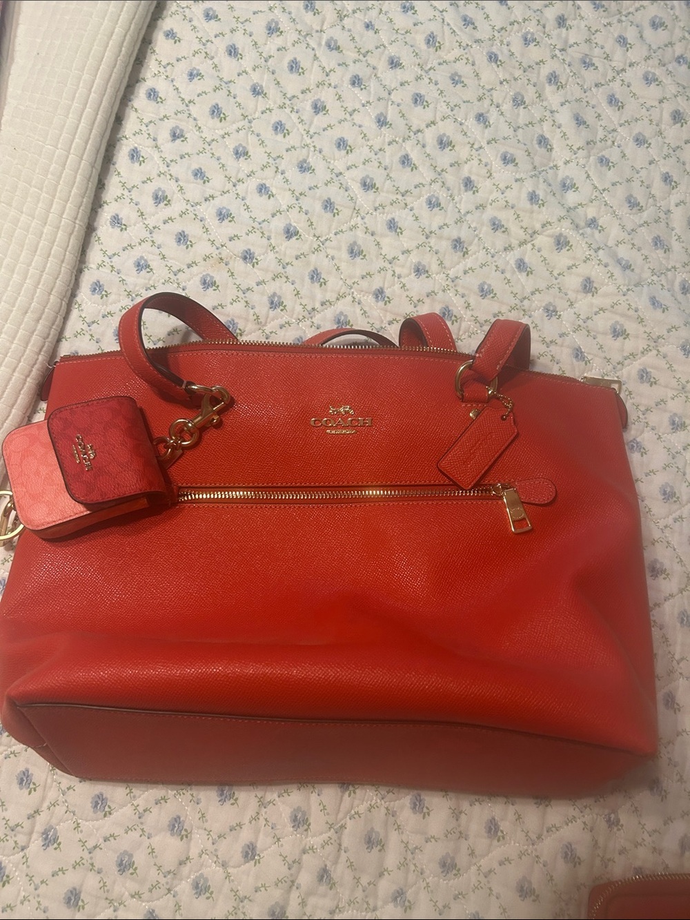 Coach Red Leather Tote with Gold Accents